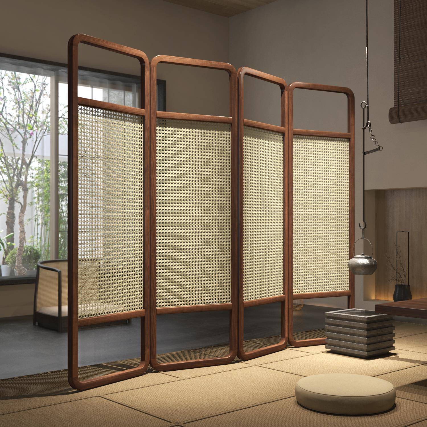 米悦日式实木藤编屏风隔断中式折叠移动遮挡客厅玄关泡茶区酒店民