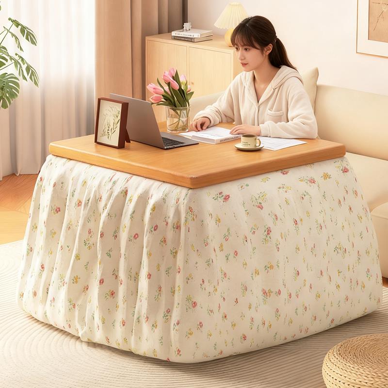 米悦烤火桌子家用可折叠餐桌冬季取暖桌茶几一体正方形新款实木烤