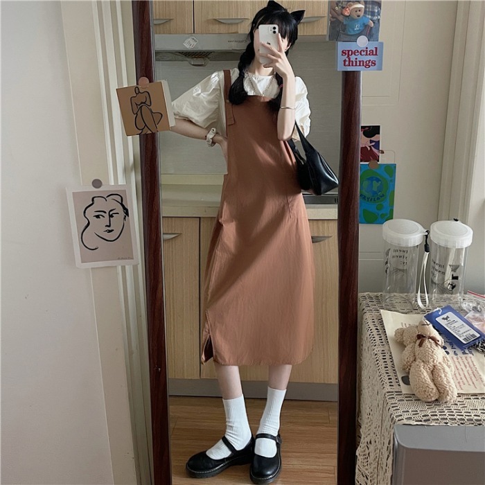 Real price mid long summer frock retro college style back belt skirt + apricot top suit