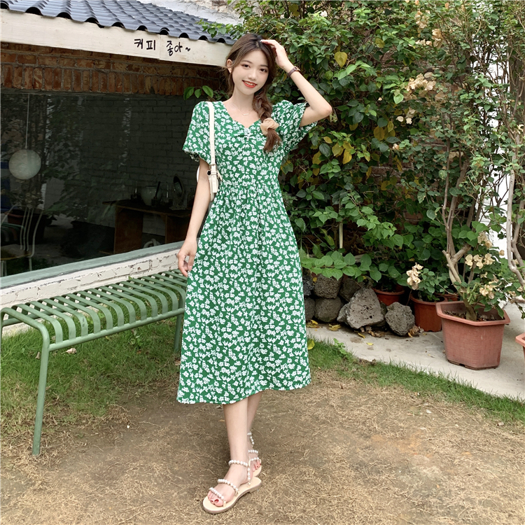 Real Price vintage tea break floral dress V-neck waist green bubble sleeve dress