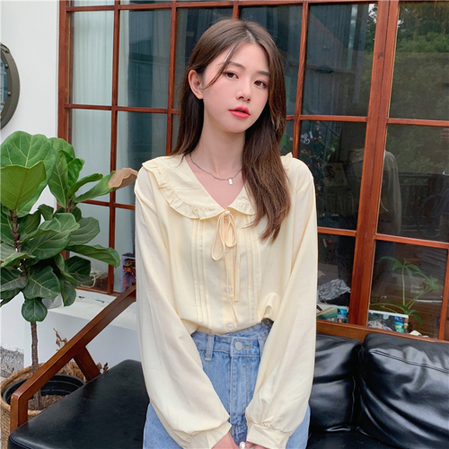 Real price 2021 early autumn new Korean loose doll collar lace up long sleeve shirt women