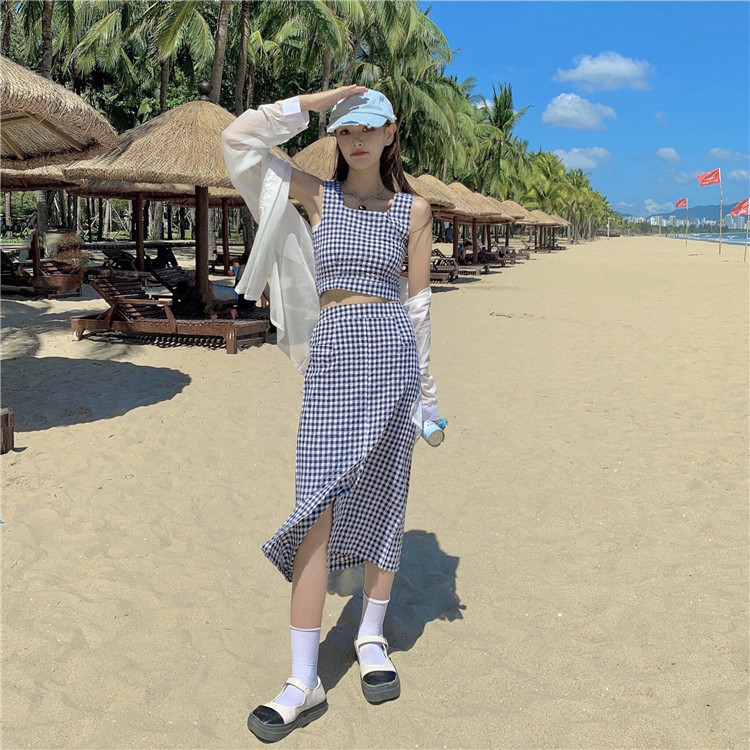 Real price summer Plaid short Vest + hip split skirt + sunscreen shirt women's suit