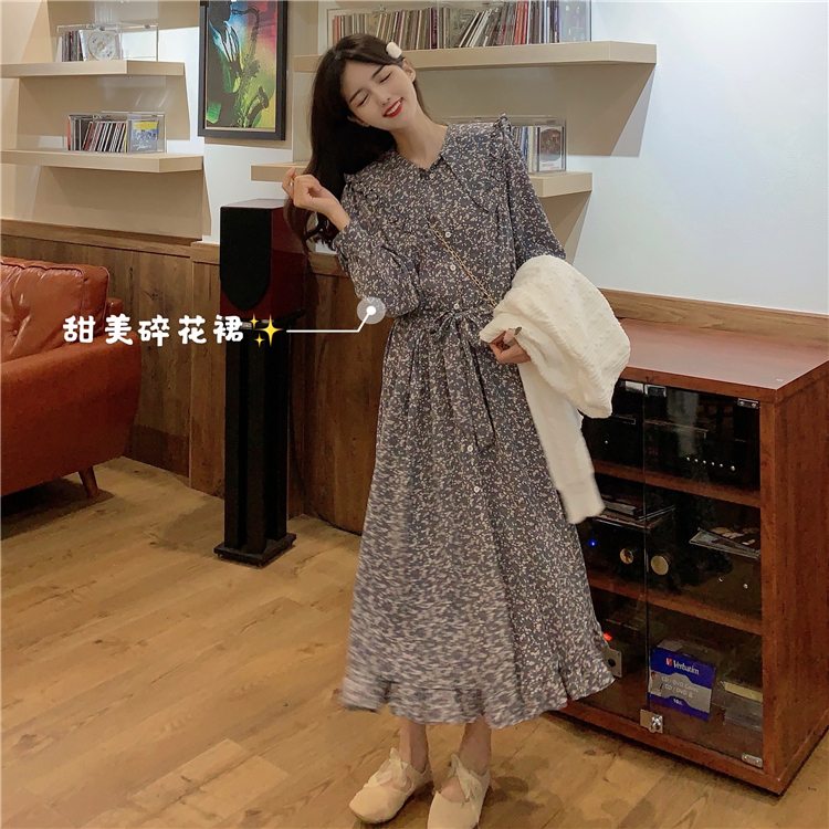 Real price 2021 New Retro baby collar long sleeve Floral Chiffon Dress with long skirt