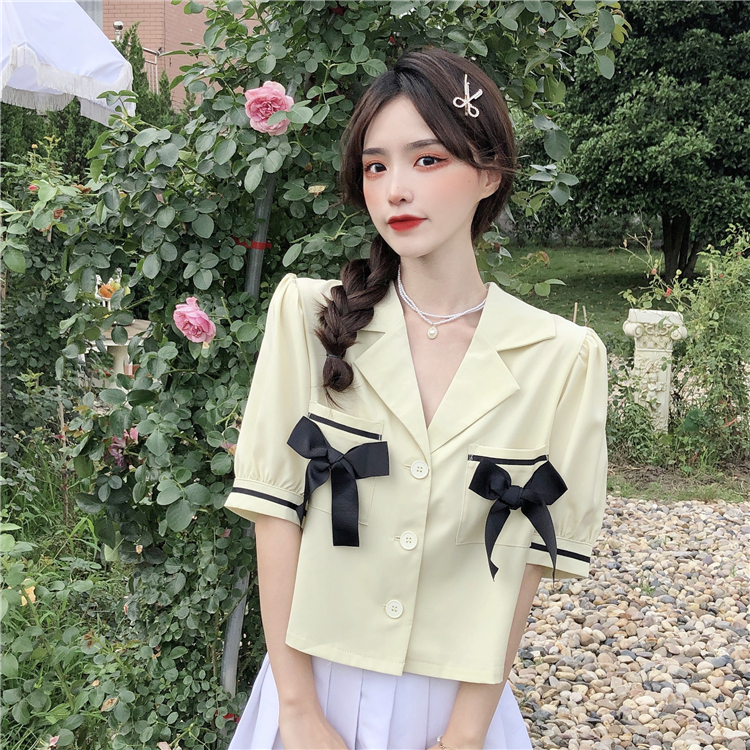 Real price bubble sleeve contrast bow pocket suit collar short sleeve shirt women's loose top