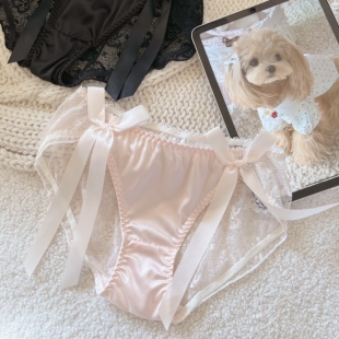 蜜粉精灵～日系甜美大蝴蝶结粉色缎面蕾丝纯欲内裤 低腰透气女