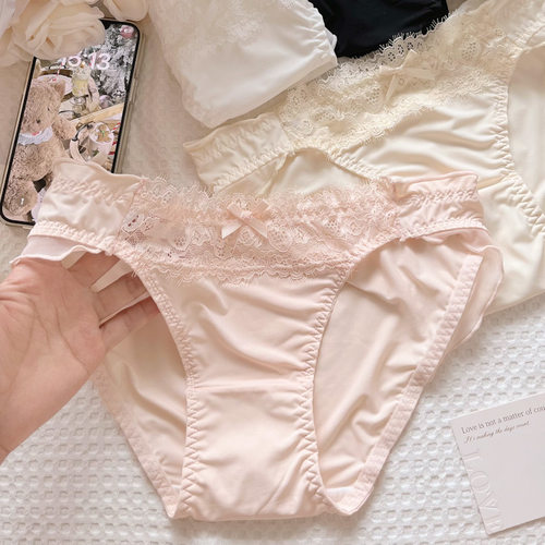 奶油小酪～日系睫毛蕾丝拼牛奶丝纯欲甜美冰丝凉感内裤女夏三角裤