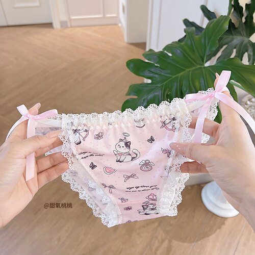恶魔小猫～日系卡通印花蕾丝边高开衩蝴蝶结内裤高颜值冰丝新款女