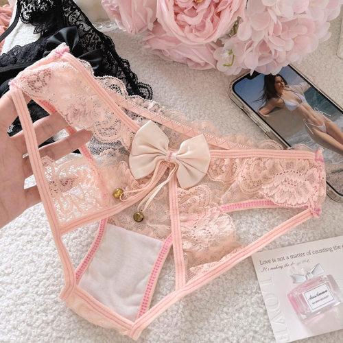 一动就响～性感小铃铛蕾丝开裆镂空蝴蝶结内裤少女纯欲低腰三角裤