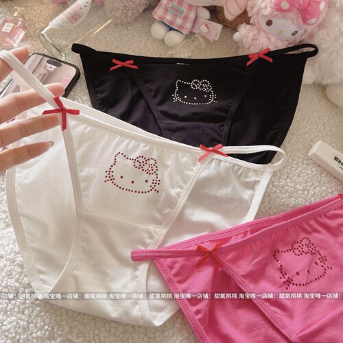 辣欲闪K～辣妹kitty烫钻细带高开叉蝴蝶结红纯棉内裤低腰2026新款
