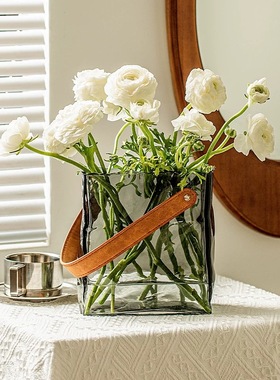 简约褶皱手提包玻璃花瓶网红高颜值插花客厅卧室家居软装摆件装饰