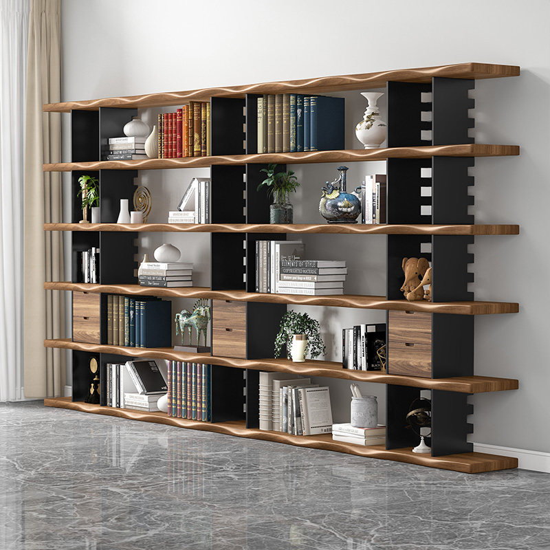 客厅实木书架置物架落地多层收纳展示书柜定制一体整满靠墙上隔断