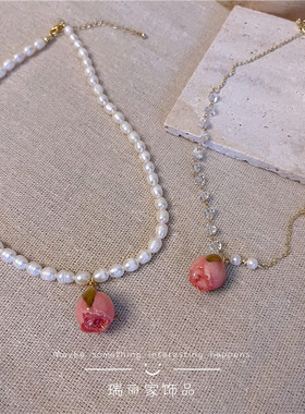 天然干花淡水珍珠女复古锁骨链