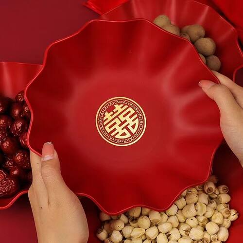 婚庆果盘家用干果盘结婚中式盘红色塑料喜糖瓜子中式婚礼用喜事盘