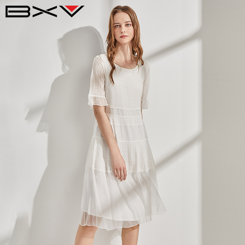 BXV白色桑蚕丝荷叶袖仙女连衣裙