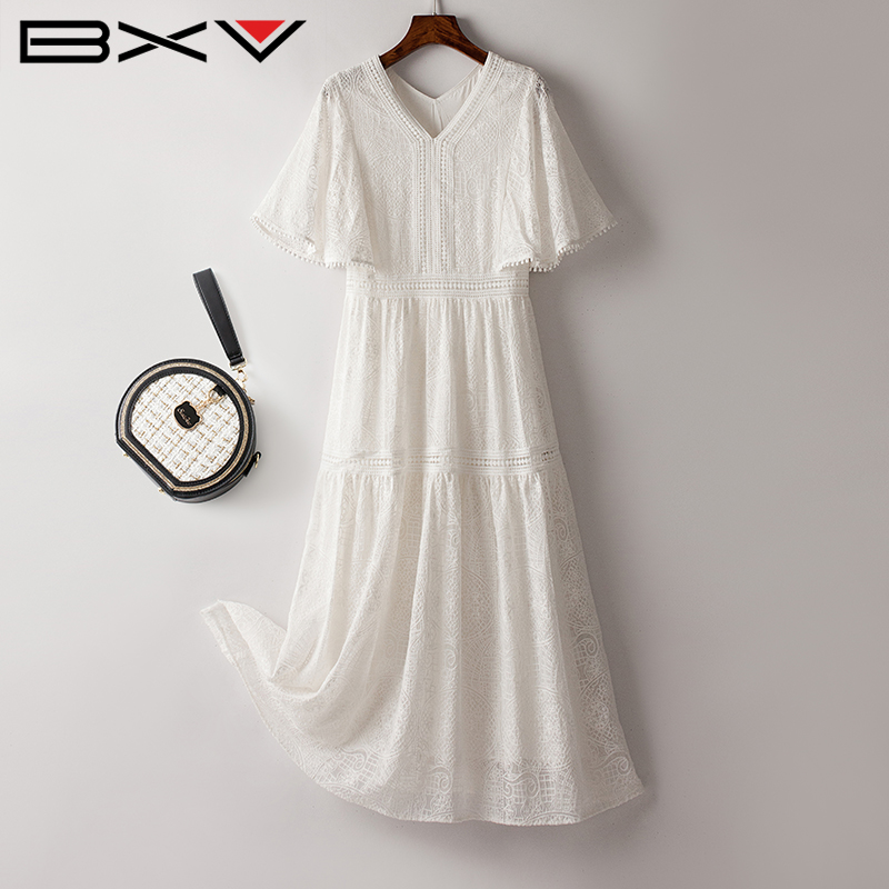 BXV桑蚕丝镂空钩花连衣裙女2025夏季新款白色V领蝙蝠袖真丝长裙子