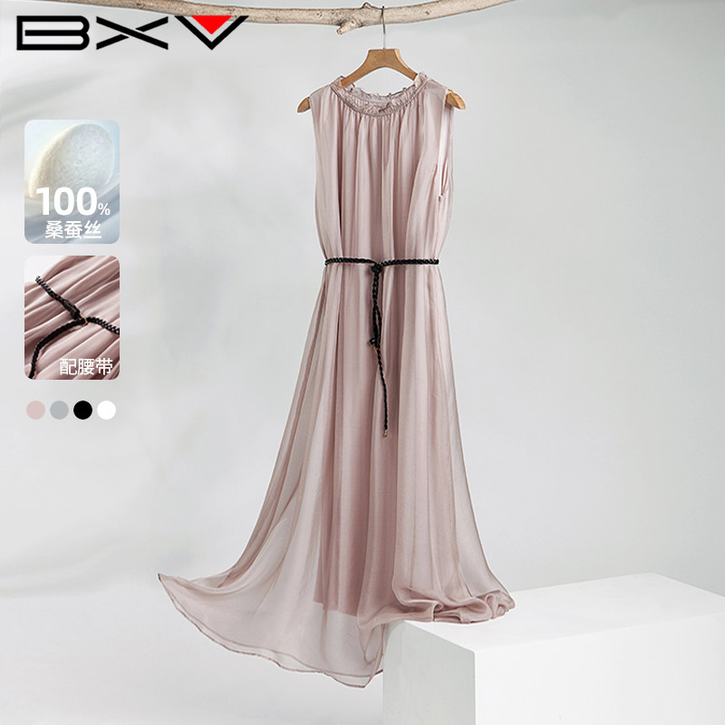 BXV无袖桑蚕丝连衣裙女2026夏季新款裙子真丝气质腰带显瘦长裙潮