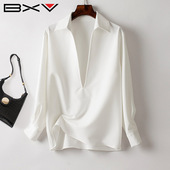 BXV深V领白色上衣女2026春季 纯色衬衣潮 设计感时尚 新款 老钱风衬衫