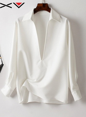 BXV深V领白色上衣女2025秋季新款老钱风衬衫设计感时尚纯色衬衣潮