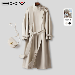 BXV立领纯棉风衣女中长款2026春季新款英伦风简约高级感系带外套