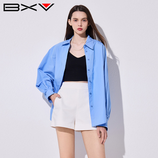 BXV纯棉灯笼袖衬衫女2025秋季新款宽松设计感纯色慵懒风衬衣外套
