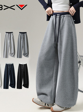 BXV加绒加厚弯刀阔腿裤女2025秋冬新款宽松美式休闲拼接双腰卫裤