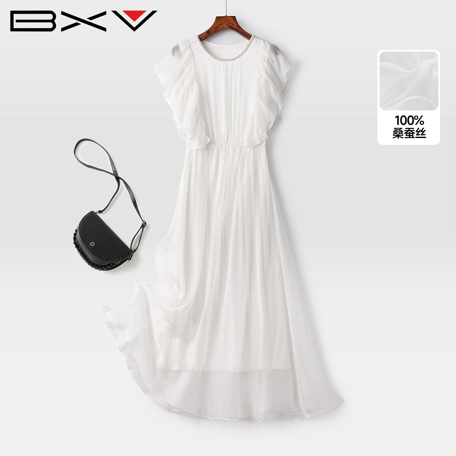 BXV真丝收腰无袖长款连衣裙