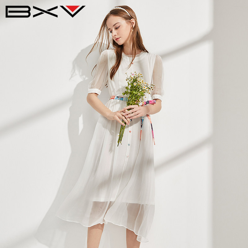 BXV白色仙女范100%桑蚕丝长裙子