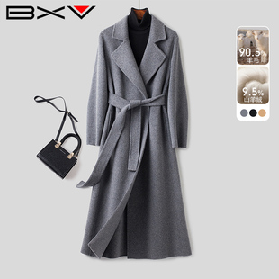 BXV系带山羊绒大衣女中长款2025秋冬季新款澳毛灰色双面羊绒外套