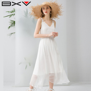 BXV吊带真丝连衣裙女中长款2026夏季新款无袖沙滩裙度假长裙仙