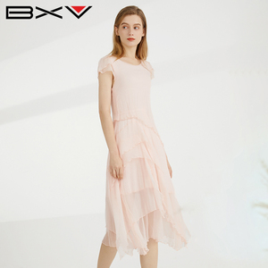 100%桑蚕丝连衣裙女中长款2025夏季新款粉色真丝花瓣袖不规则裙摆