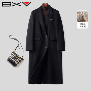 BXV黑色双面羊绒大衣女中长款2026春季新款正肩长过膝双面呢外套