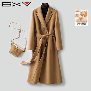 BXV系带双面羊绒大衣女中长款2025秋季新款加厚时尚双面呢外套潮