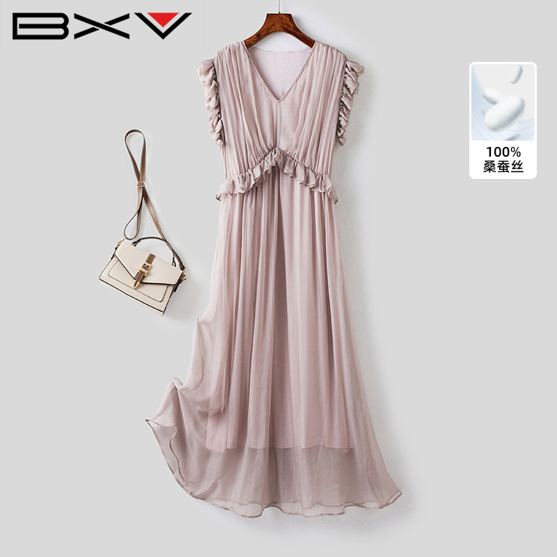 BXV气质V领花边真丝连衣裙