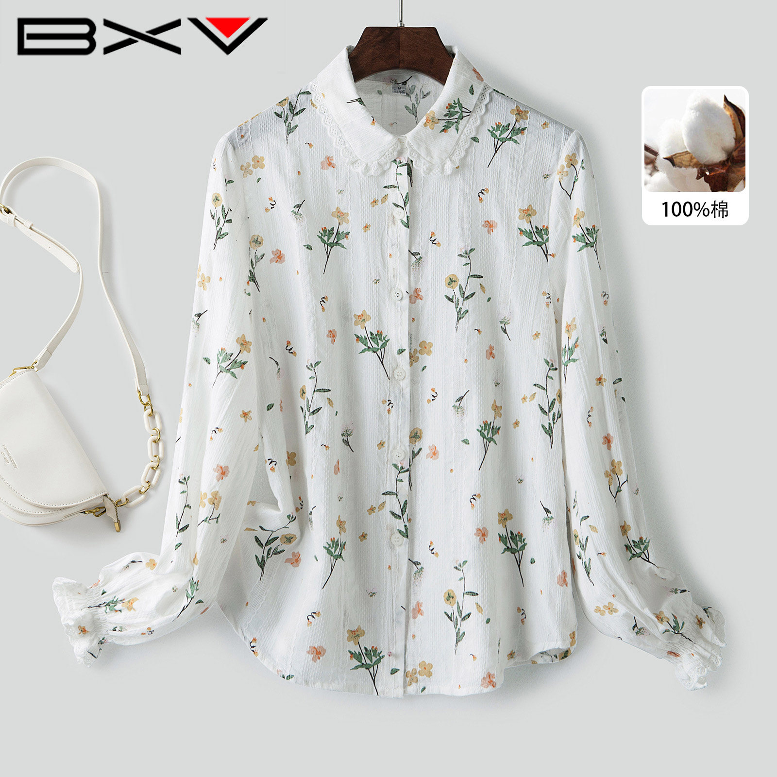 BXV纯棉清新碎花灯笼袖女衬衫