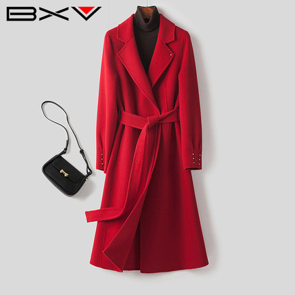 BXV大红色双面羊绒大衣女中长款2025春季新款宽松系带双面呢外套