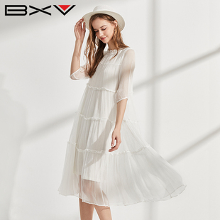 BXV真丝蛋糕裙女中长款2026夏桑蚕丝飘逸白色长裙仙女裙子连衣裙