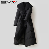 BXV黑色羊毛大翻领羽绒服女中长款 2025冬季 简约肌理感羽绒外套潮