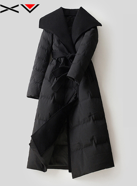 BXV黑色羊毛大翻领羽绒服女中长款2025冬季简约肌理感羽绒外套潮
