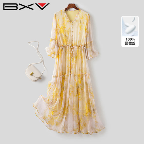 BXV优雅气质系带收腰真丝连衣裙