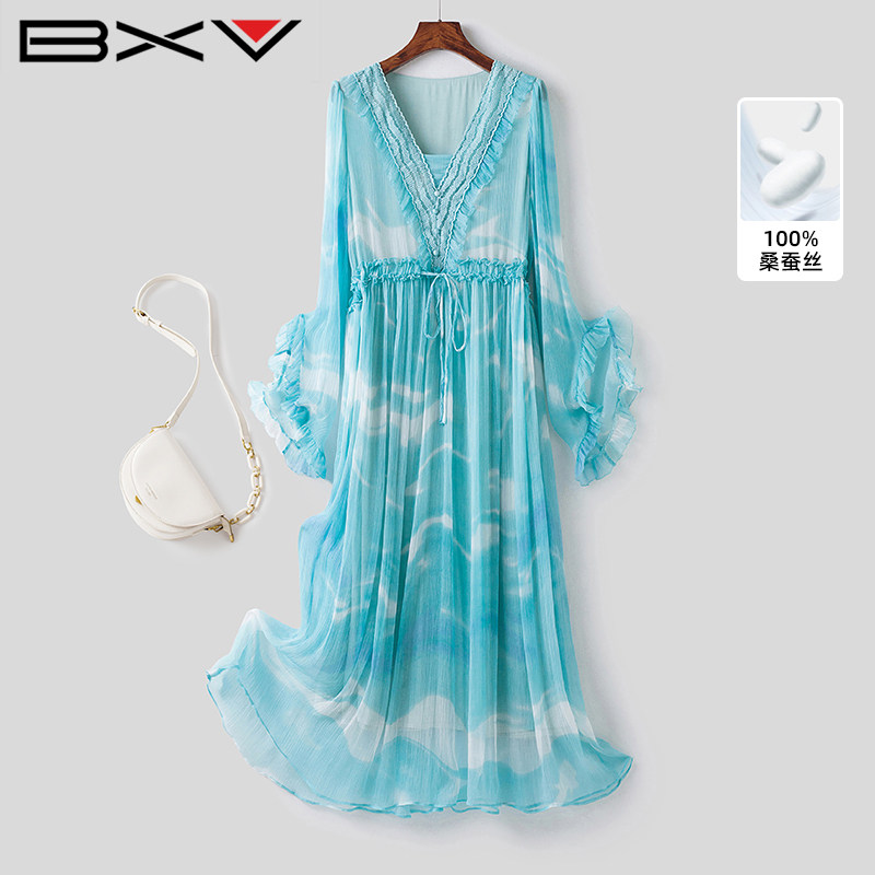 BXV气质感V领桑蚕丝连衣裙