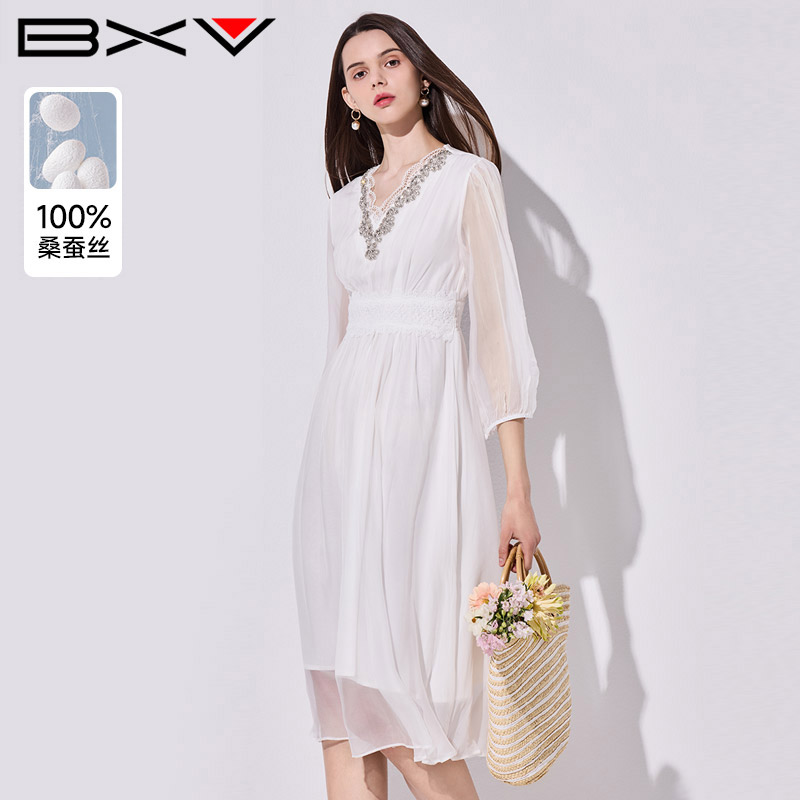 BXV简约V领桑蚕丝七分袖连衣裙