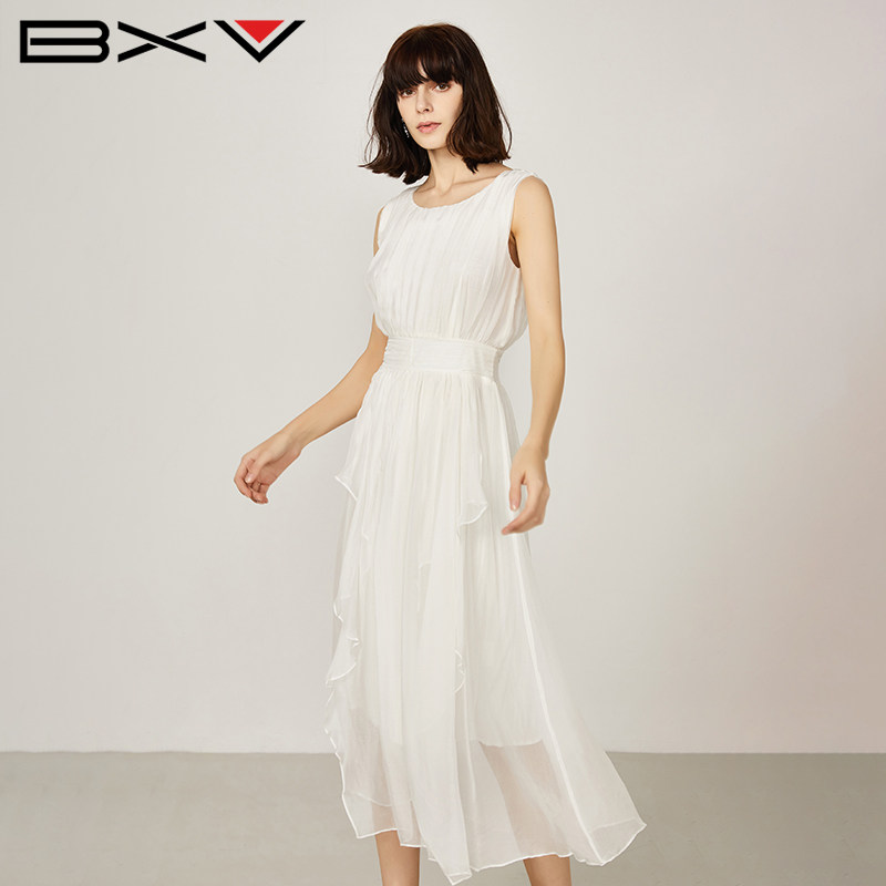 BXV无袖桑蚕丝连衣裙女2026夏季新款不规则裙摆收腰压褶真丝长裙