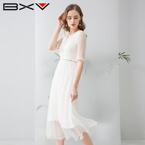 白色女中长款夏季超仙真丝连衣裙