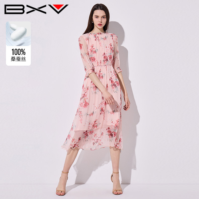 BXV桑蚕丝碎花高腰连衣裙