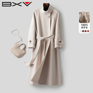 BXV立领双面羊绒大衣女中长款2026秋季新款系带英伦风双面呢外套