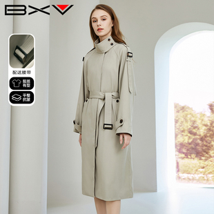 BXV灰色立领风衣女中长款2026春季新款气质系带长过膝外套高级感