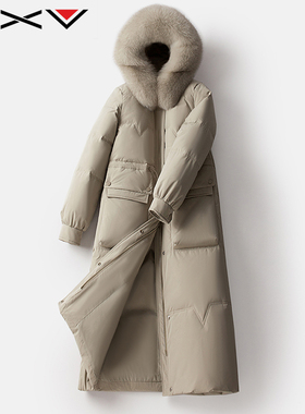 BXV狐狸大毛领羽绒服女中长款2025冬季新款宽松保暖加厚连帽外套