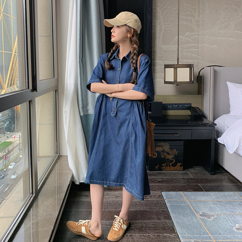 复古宽松牛仔连衣裙女小个子2023夏季新款韩版大码显瘦减龄衬衫裙,女装连衣裙,艾艾淮淮