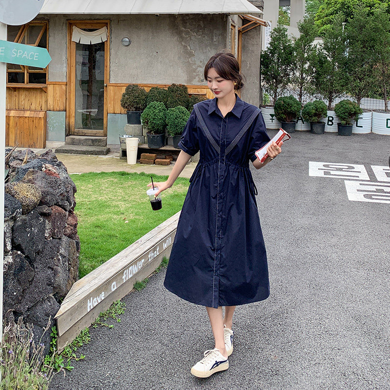 藏青色收腰连衣裙女夏2024新款小个子衬衫裙赫本风气质衬衣裙显瘦,女装连衣裙,艾艾淮淮