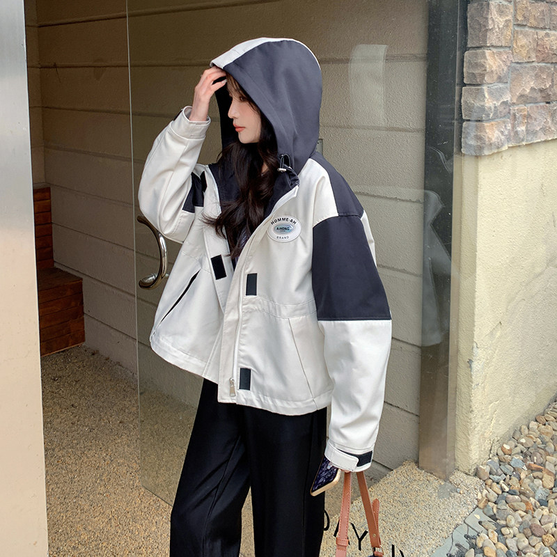 拼接工装短款连帽夹克外套女春秋款2025新款美式复古宽松冲锋衣潮图片